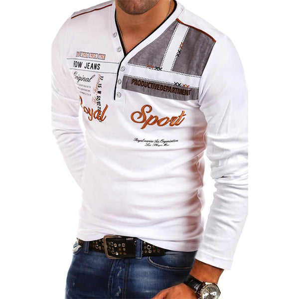 V-Neck Polo Shirt Letter Printing Long-Sleevee